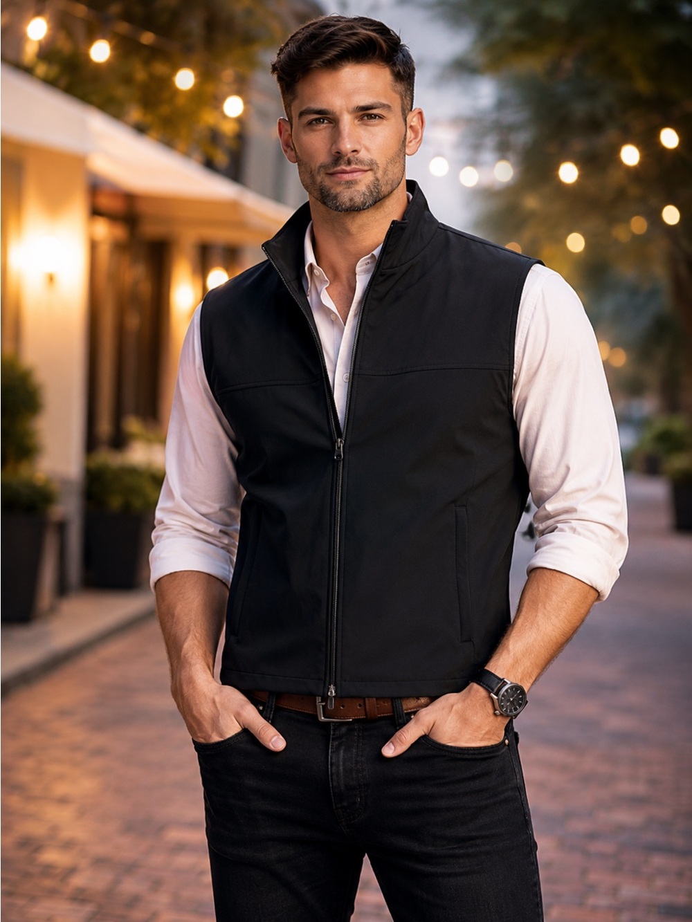 Murano Liquid Luxury Men’s Black Slim Fit Stretch Zip Vest